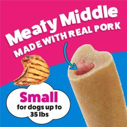 A close up of a Purina Busy Bone Original Small Dog Treat showing the heart shaped real pork center for dogs up to 35 pounds.