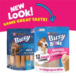 A 12 count bag of Purina Busy Bone Original packaging Update. New Look.