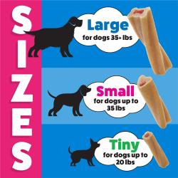 A dog chew size guide showing Large for dogs over 35 pounds, Small for up to 35 pounds, and Tiny for up to 20 pounds.