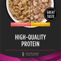 Purina Pro Plan Veterinary Diets UR Savory Selects Urinary St Ox wet cat food is made with high quality protein.