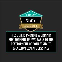 Insignia St/Ox Defense para la salud urinaria que indica apoyo para un entorno urinario desfavorable al desarrollo de cristales de estruvita y oxalato de calcio en los gatos.