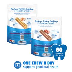 Back of package of DentaLife Daily Oral Care beef and chicken variety pack large dog dental chews with product details.