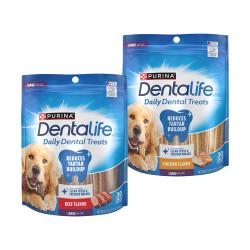 Bags of Purina DentaLife Daily Oral Care large dental dog treats variety pack with beef and chicken.