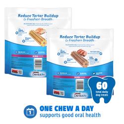Back of package of DentaLife Daily Oral Care beef and chicken variety pack small to medium dog dental chews with details.