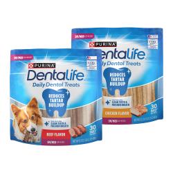 Bags of Purina DentaLife Daily Oral Care small to medium dental dog treats variety pack with beef and chicken.