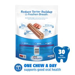 Back of package of DentaLife Daily Oral Care beef large dog dental chews with product details.