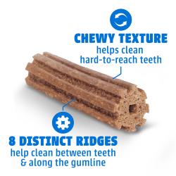 DentaLife Daily Oral Care dog dental chews featuring a chewy texture and 8 distinct ridges that clean teeth and gumline.