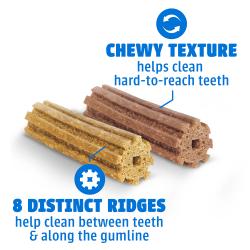 DentaLife Daily Oral Care dog dental chews featuring a chewy texture and 8 distinct ridges that clean teeth and gumline.