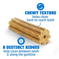 DentaLife Daily Oral Care dog dental chews featuring a chewy texture and 8 distinct ridges that clean teeth and gumline.