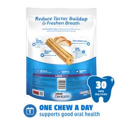 Back of package of DentaLife Daily Oral Care chicken large dog dental chews with product details.