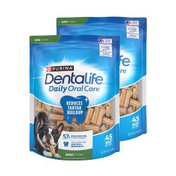 Two 14.7 ounce bags of Purina DentaLife Daily Oral Care chicken mini dental dog treats.