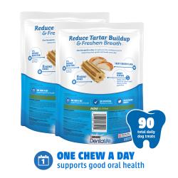 Back of package of DentaLife Daily Oral Care small chicken dog dental chews with product details.
