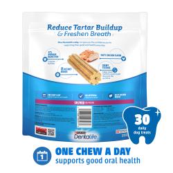 Back of package of DentaLife Daily Oral Care small to medium chicken dog dental chews with product details.
