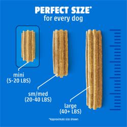 Size chart comparing small, medium and large DentaLife Daily Oral Care dog dental treats.