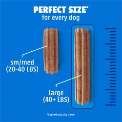 Size chart comparing small, medium and large DentaLife Daily Oral Care dog dental treats.