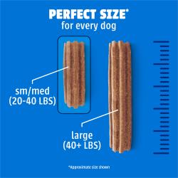 Size chart comparing small, medium and large DentaLife Daily Oral Care dog dental treats.