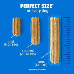 Size chart comparing small, medium and large DentaLife Daily Oral Care dog dental treats.