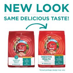 Purina ONE +Plus Digestive Health Probiotic Support with Real Chicken Dry Dog Food has a new look with the same delicious taste.