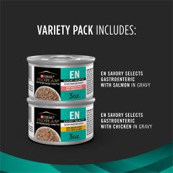 El paquete variado Purina Pro Plan Veterinary Diets EN Gastroenteric Selecciones Sabrosas contiene recetas con salmón y pollo.