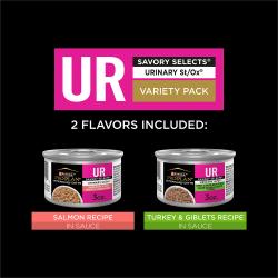 Purina Pro Plan Veterinary Diets UR Savory Selects Urinary St Ox variety pack contains salmon and turkey recipes.