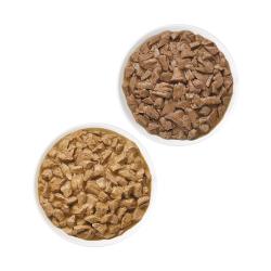 Two bowls containing Pro Plan Veterinary Diets UR Savory Selects Urinary St/OX Turkey and Salmon wet cat food.