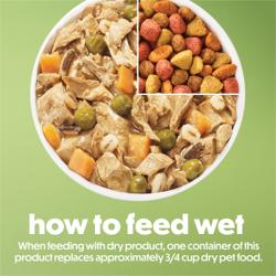 How to feed wet. When feeding with dry product, one container of this product replaces approximately 3/4 cup per dry food.