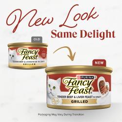 Fancy Feast Grilled Tender Beef & Liver Feast In Gravy Gourmet Wet Cat Food has a new look with the same delight.