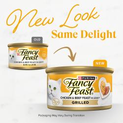 Fancy Feast Grilled Chicken & Beef Feast In Gravy Gourmet Wet Cat Food has a new look with the same delight.