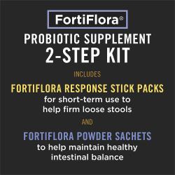 FortiFlora probiotic 2 step kit with response stick packs and powder sachets for short and long term intestinal health