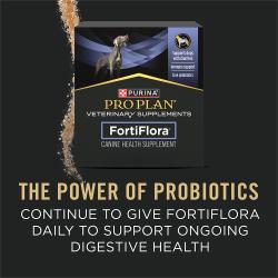 Purina Pro Plan FortiFlora canine probiotic supplement box highlighting the power of probiotics for ongoing digestive health