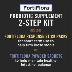 FortiFlora probiotic 2 step kit with response stick packs and powder sachets for short and long term digestive health