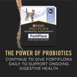 Purina Pro Plan FortiFlora feline health supplement box highlighting the power of probiotics for ongoing digestive health