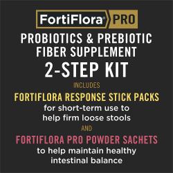 FortiFlora Pro probiotic 2 step kit with response stick packs and powder sachets for short and long term intestinal health