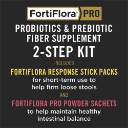 FortiFlora Pro probiotic 2 step kit with response stick packs and powder sachets for short and long term digestive health