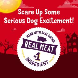 Circular badge for Beggin Bat Bites dog treats reading, made with real bacon and real meat as the number one ingredient.