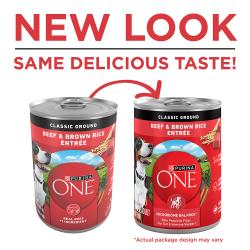 Purina ONE Beef & Brown Rice Ground Wet Dog Food has a new look with the same delicious taste.