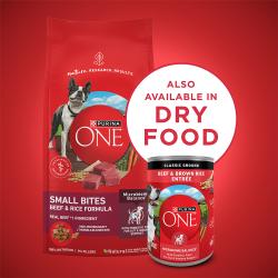 Purina ONE Beef & Brown Rice Ground Wet Dog Food is also available in dry food.