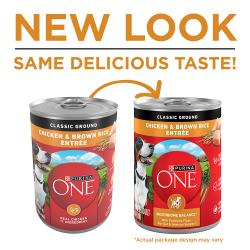 Purina ONE Chicken & Brown Rice Ground Wet Dog Food has a new look with the same delicious taste.