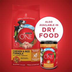 Purina ONE Chicken & Brown Rice Ground Wet Dog Food is also available in dry food.