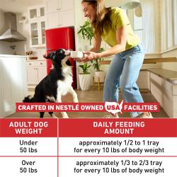 A feeding guide for dogs under and over 50 pounds when feeding Purina ONE Fresh Entrees dog food.