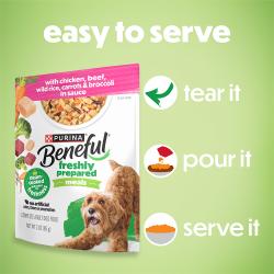 Beneful Freshly Prepared Meals are easy to serve. Tear it. Pour it. Serve it.