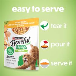 Beneful Freshly Prepared Meals are easy to serve. Tear it. Pour it. Serve it.