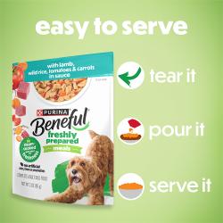 Beneful Freshly Prepared Meals are easy to serve. Tear it. Pour it. Serve it.