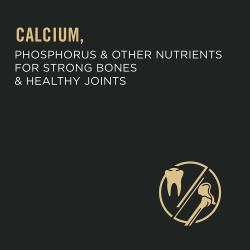 Calcium, phosphorus and other nutrients for strong bones and healthy joints, showing a tooth and bones icon.