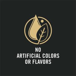 Made with no artificial colors or flavors, featuring a leaf and water drop icon.