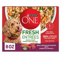 An 8 ounce package of Purina ONE Fresh Entrees Beef and Brown Rice recipe with spinach and carrots fresh frozen dog food.