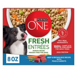 An 8 ounce package of Purina ONE Fresh Entrees Beef and Brown Rice recipe with peas and carrots fresh frozen dog food.
