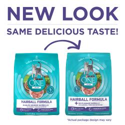 Purina ONE +Plus Hairball Formula Dry Cat Food has a new look with the same delicious taste.