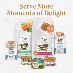 Fancy Feast wet cat food product lineup with dry food, broths, appetizers and wet food; Serve More Moments of Delight.