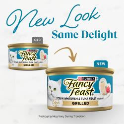 Old and new Fancy Feast Grilled Ocean Whitefish and Tuna Feast wet cat food 3 oz cans; new look, packaging may vary.